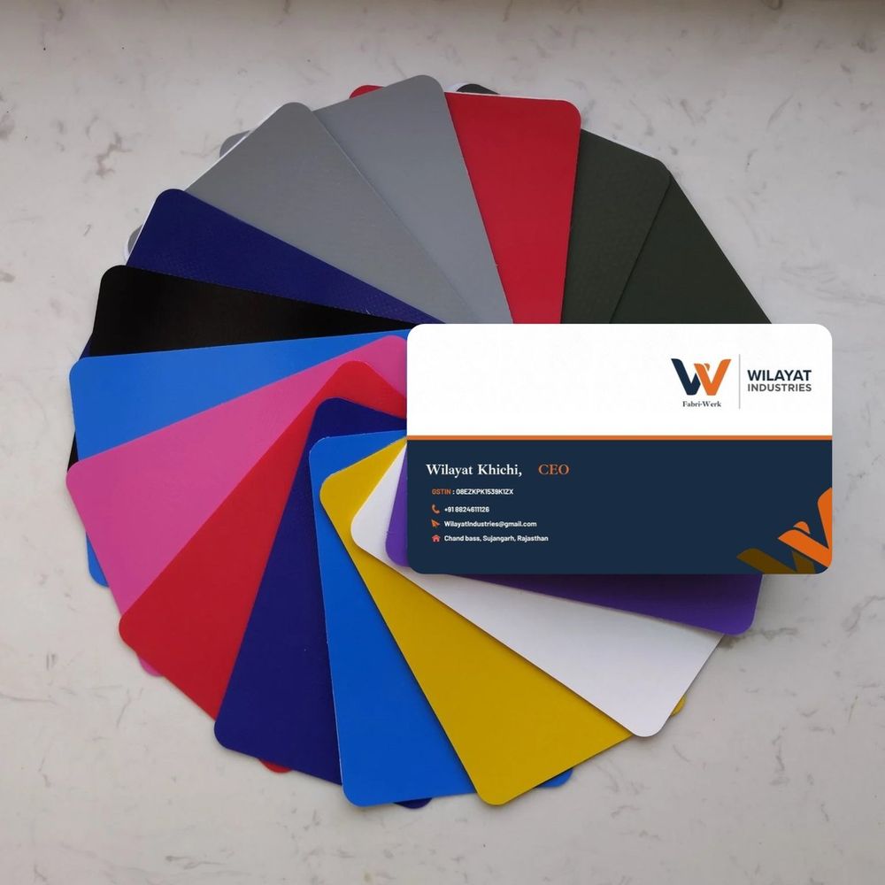 PVC coated fabric colour range with Wilayat Industries business card
